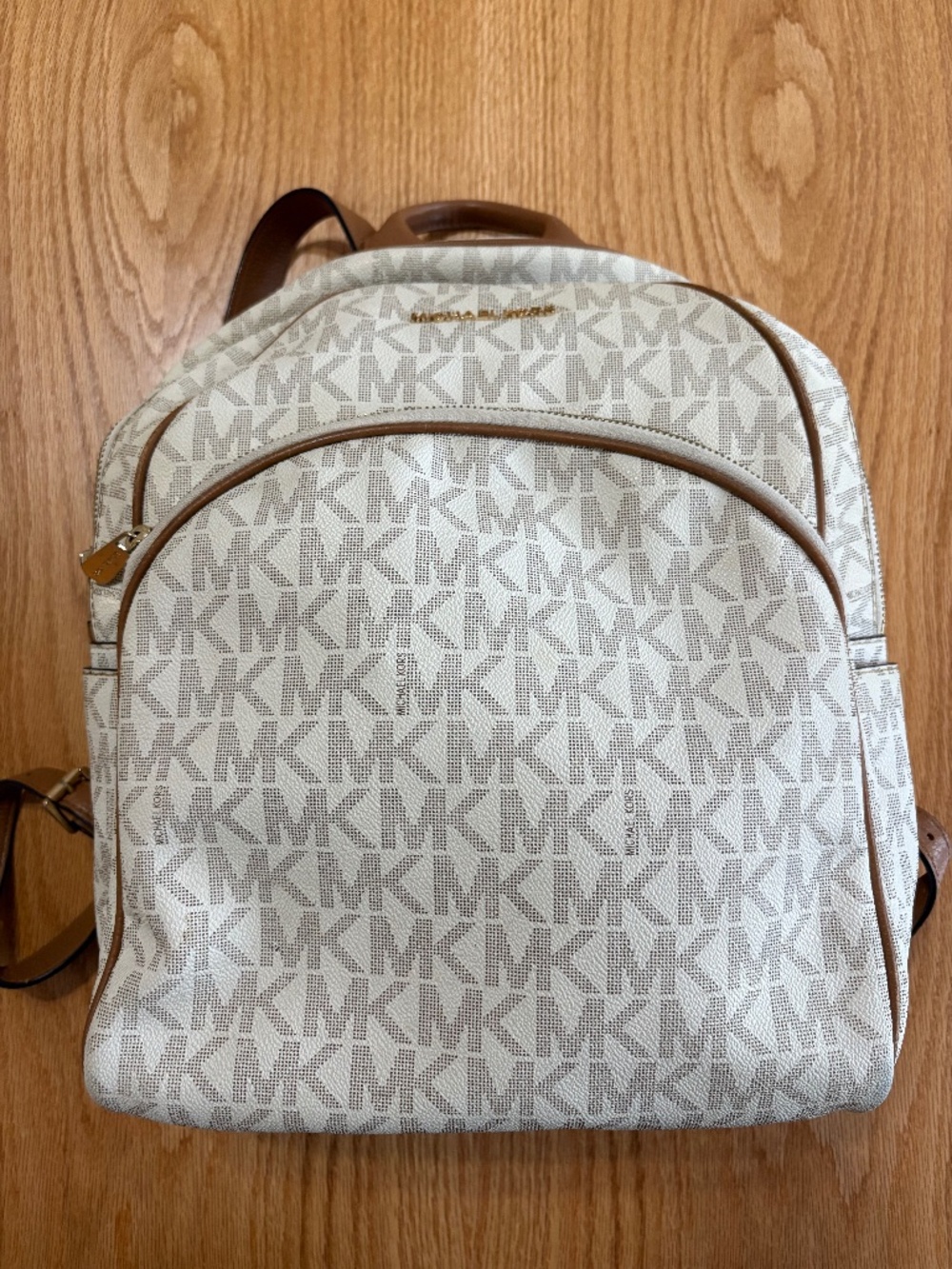 Michael Kors MK Signature Backpack Vanilla Brown Leather Trim Medium Bag